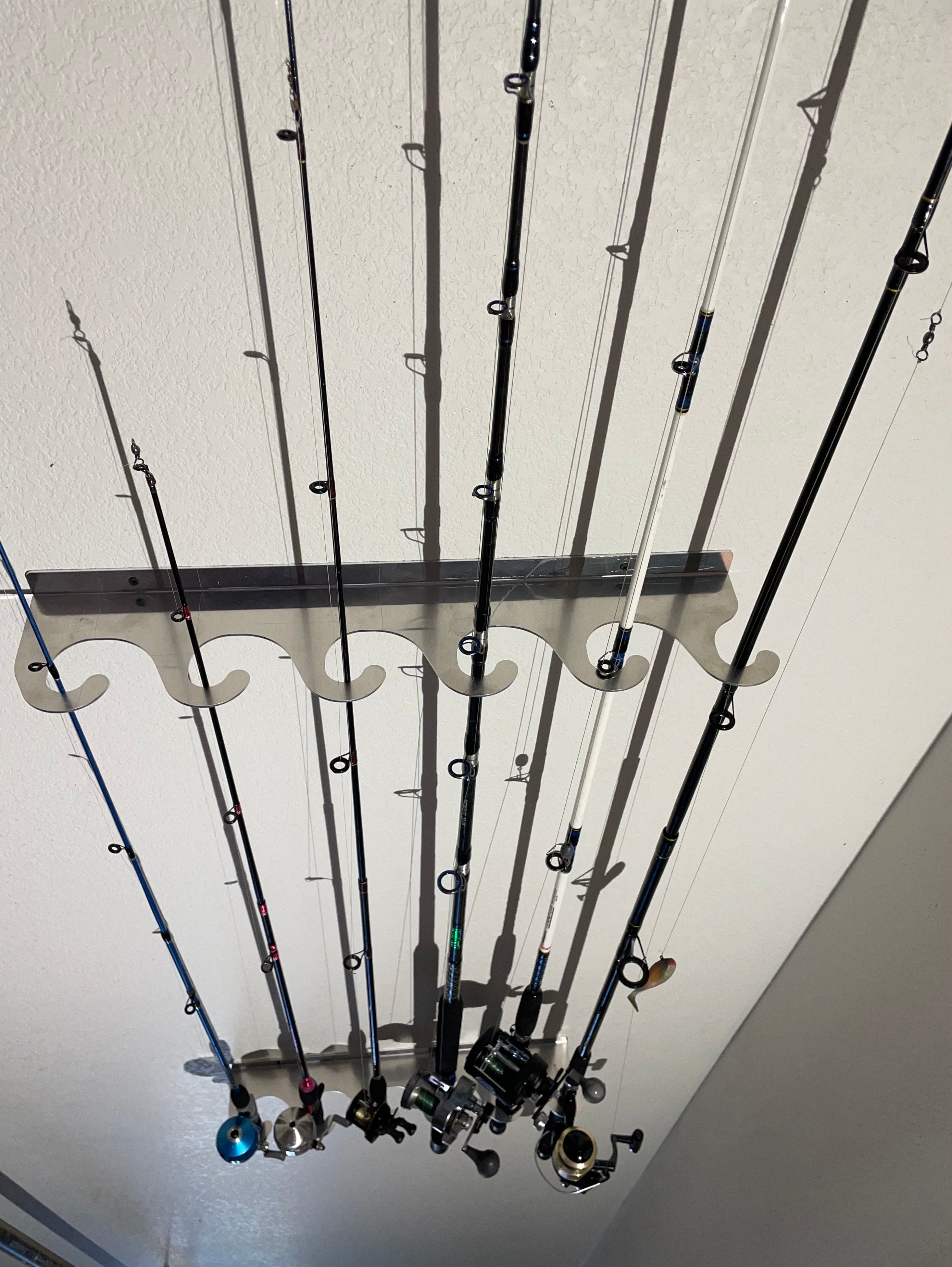 ceiling fishing rod holder Piranha Small and Vertical Wall Mount Rack (Small) piranha rodrack Ghosthorn Rod Rack can hold up to 12 rods or combos and can stores more in the same space than other brands Rush Creek Creations 11-Fishing Rod
