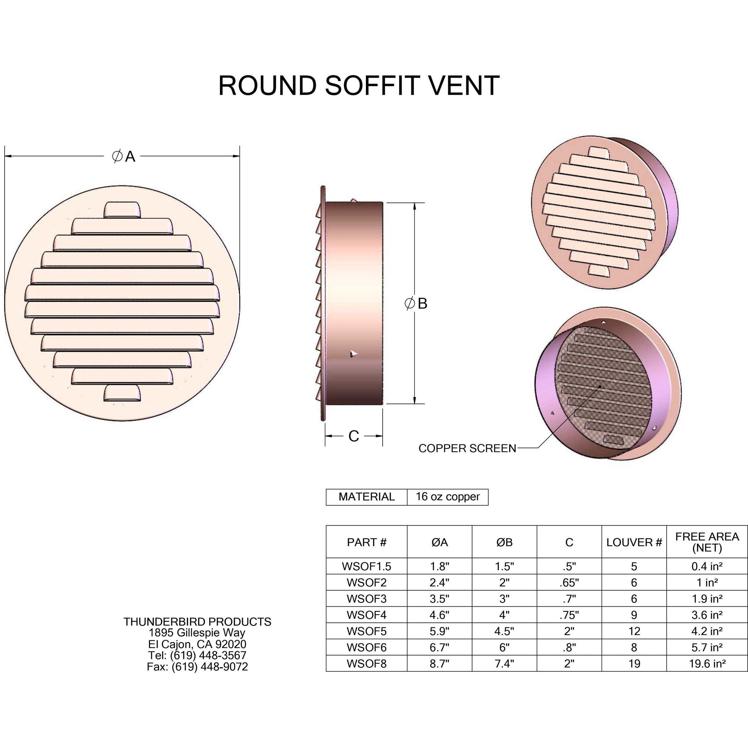 Round Soffit Vent with Screen (16") Copperlab